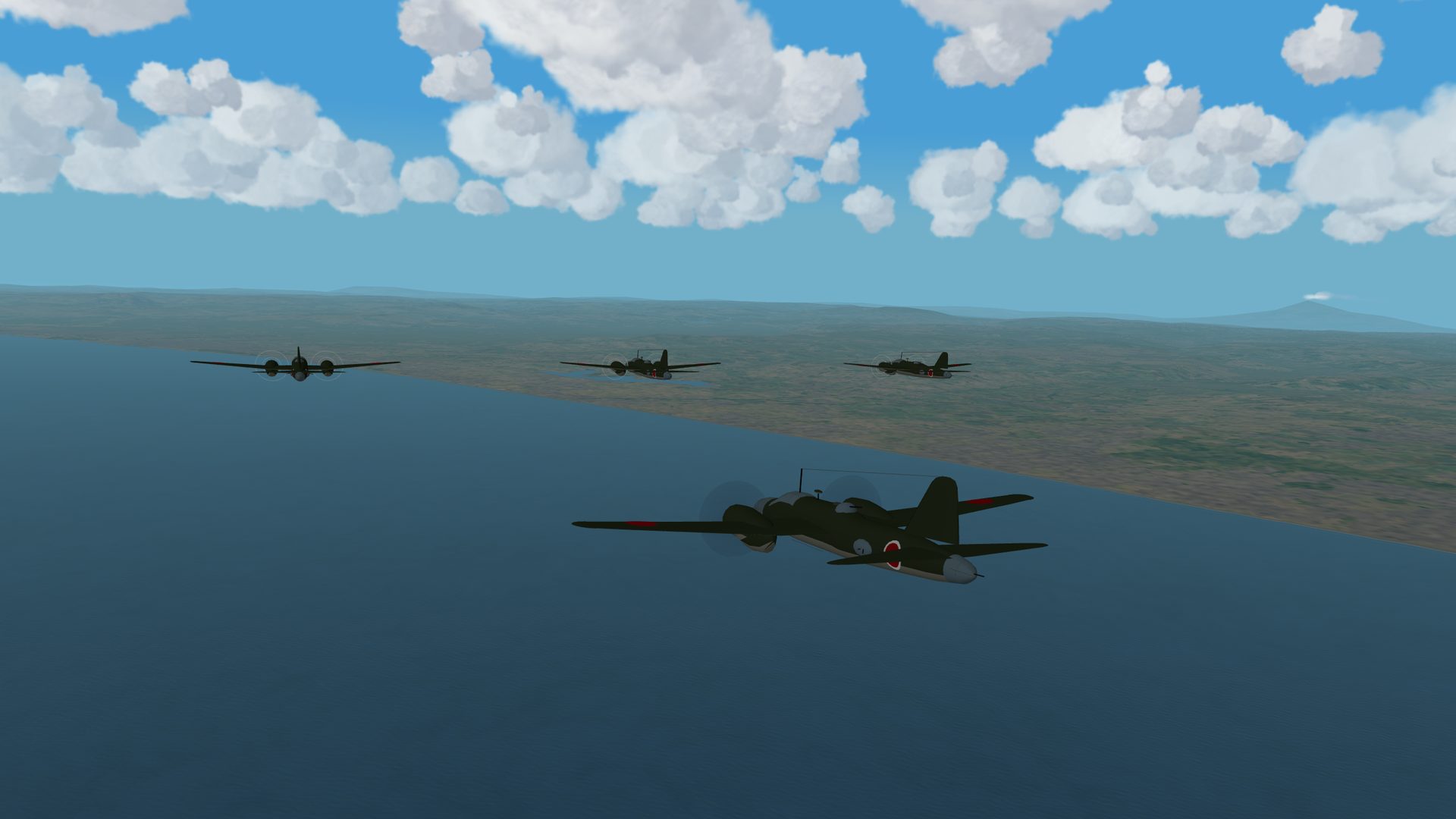 A formation of Ki-67 bombers off the coast of Sicily, Etna on the horizon